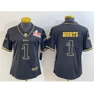 Women's Philadelphia Eagles #1 Jalen Hurts Black Gold 2025 Super Bowl LIX Patch Salute To Service Vapor Untouchable Limited Stitched Football Jersey