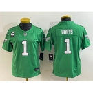 Women's Philadelphia Eagles #1 Jalen Hurts Green 2023 F.U.S.E. With C Patch Stitched Football Jersey(Run Small)