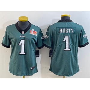 Women's Philadelphia Eagles #1 Jalen Hurts Green 2025 Super Bowl LIX Patch Vapor Untouchable Limited Stitched Football Jersey