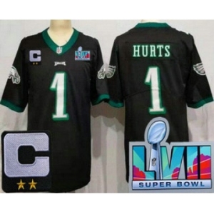 Women's Philadelphia Eagles #1 Jalen Hurts Limited Black C Patch Super Bowl LVII Vapor Jersey