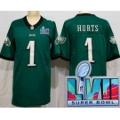 Women's Philadelphia Eagles #1 Jalen Hurts Limited Green Super Bowl LVII Vapor Jersey