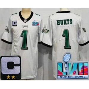 Women's Philadelphia Eagles #1 Jalen Hurts Limited White C Patch Super Bowl LVII Vapor Jersey