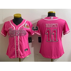 Women's Philadelphia Eagles #11 A.J. Brown Pink 2025 Super Bowl LIX Patch Cool Base Stitched Baseball Jersey