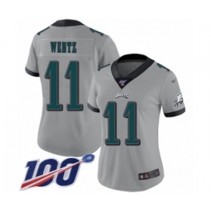 Women's Philadelphia Eagles #11 Carson Wentz Limited Silver Inverted Legend 100th Season Football Jersey