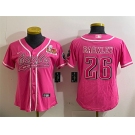 Women's Philadelphia Eagles #26 Saquon Barkley Pink 2025 Super Bowl LIX Patch Cool Base Stitched Baseball Jersey