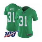 Women's Philadelphia Eagles #31 Jalen Mills Limited Green Rush Vapor Untouchable 100th Season Football Jersey