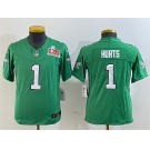 Youth Philadelphia Eagles #1 Jalen Hurts Green 2025 Super Bowl LIX Patch F.U.S.E. Throwback Vapor Untouchable Limited Stitched Football Jersey
