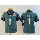 Youth Philadelphia Eagles #1 Jalen Hurts Green 2025 Super Bowl LIX Patch Vapor Untouchable Limited Stitched Football Jersey
