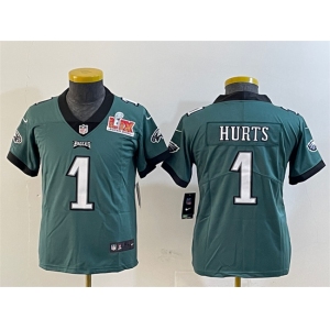 Youth Philadelphia Eagles #1 Jalen Hurts Green 2025 Super Bowl LIX Patch Vapor Untouchable Limited Stitched Football Jersey