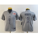 Youth Philadelphia Eagles #1 Jalen Hurts Grey 2025 Super Bowl LIX Patch Atmosphere Fashion Vapor Untouchable Limited Stitched Football Jersey