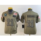Youth Philadelphia Eagles #11 A.J. Brown Olive 2025 Super Bowl LIX Patch Salute To Service Vapor Untouchable Limited Stitched Football Jersey