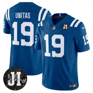 Men's Indianapolis Colts #19 Johnny Unitas Blue 2025 F.U.S.E. Jim Irsay Patch Vapor Limited Football Stitched Jersey