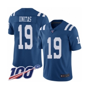 Men's Indianapolis Colts #19 Johnny Unitas Limited Royal Blue Rush Vapor Untouchable 100th Season Football Jersey