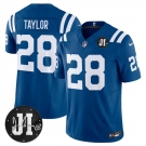Men's Indianapolis Colts #28 Jonathan Taylor Blue 2025 F.U.S.E. Jim Irsay Patch Vapor Limited Football Stitched Jersey