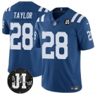 Men's Indianapolis Colts #28 Jonathan Taylor Blue Jim Irsay Patch Vapor Limited Football Stitched Jersey