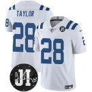 Men's Indianapolis Colts #28 Jonathan Taylor White Jim Irsay Patch Vapor Limited Football Stitched Jersey