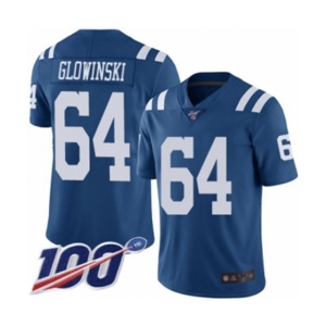Men's Indianapolis Colts #64 Mark Glowinski Limited Royal Blue Rush Vapor Untouchable 100th Season Football Jersey
