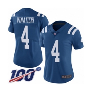 Women's Indianapolis Colts #4 Adam Vinatieri Limited Royal Blue Rush Vapor Untouchable 100th Season Football Jersey