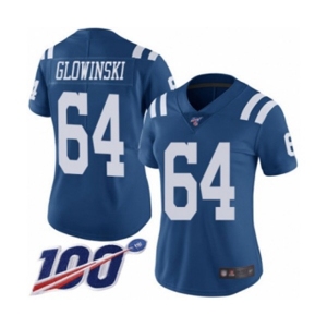 Women's Indianapolis Colts #64 Mark Glowinski Limited Royal Blue Rush Vapor Untouchable 100th Season Football Jersey