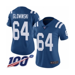 Women's Indianapolis Colts #64 Mark Glowinski Royal Blue Team Color Vapor Untouchable Limited Player 100th Season Football Jersey