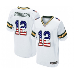 Men's Green Bay Packers #12 Aaron Rodgers Elite White Road USA Flag Fashion Football Jersey