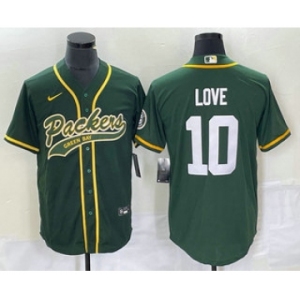 Men's Green Bay Packers #10 Jordan Love Green With Patch Cool Base Stitched Baseball Jersey