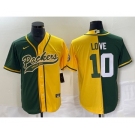 Men's Green Bay Packers #10 Jordan Love Green Yellow Split With Patch Cool Base Stitched Baseball Jersey