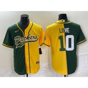 Men's Green Bay Packers #10 Jordan Love Green Yellow Split With Patch Cool Base Stitched Baseball Jersey