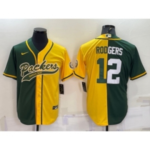 Men's Green Bay Packers #12 Aaron Rodgers Green Yellow Split With Patch Cool Base Stitched Baseball Jersey