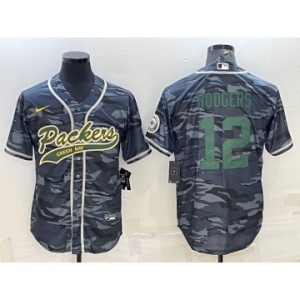 Men's Green Bay Packers #12 Aaron Rodgers Grey Green Camo With Patch Cool Base Stitched Baseball Jersey