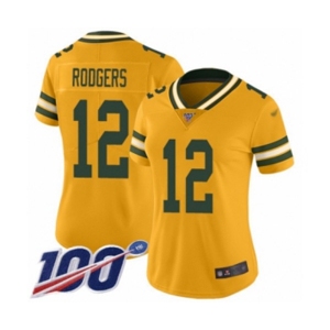 Women's Green Bay Packers #12 Aaron Rodgers Limited Gold Inverted Legend 100th Season Football Jersey
