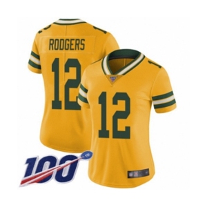 Women's Green Bay Packers #12 Aaron Rodgers Limited Gold Rush Vapor Untouchable 100th Season Football Jersey