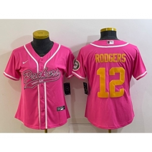Women's Green Bay Packers #12 Aaron Rodgers Pink Gold With Patch Cool Base Stitched Baseball Jersey