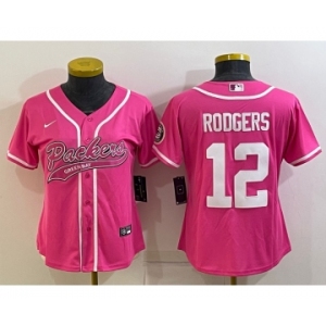 Women's Green Bay Packers #12 Aaron Rodgers Pink With Patch Cool Base Stitched Baseball Jersey
