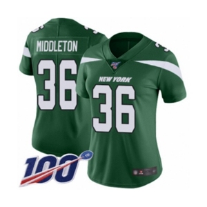 Women's New York Jets #36 Doug Middleton Green Team Color Vapor Untouchable Limited Player 100th Season Football Jersey