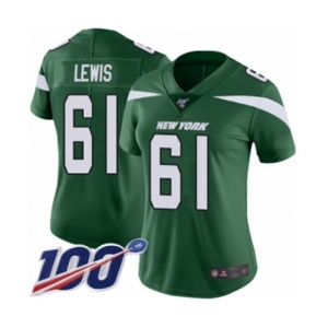 Women's New York Jets #61 Alex Lewis Green Team Color Vapor Untouchable Limited Player 100th Season Football Jersey