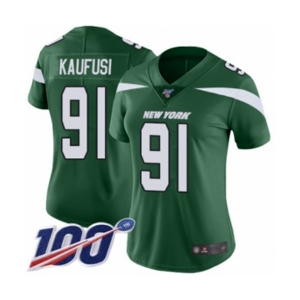 Women's New York Jets #91 Bronson Kaufusi Green Team Color Vapor Untouchable Limited Player 100th Season Football Jersey