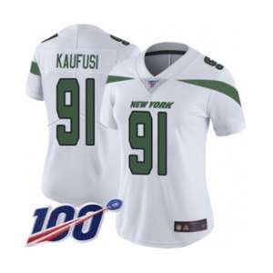 Women's New York Jets #91 Bronson Kaufusi White Vapor Untouchable Limited Player 100th Season Football Jersey