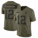 Men's Dallas Cowboys #12 Roger Staubach Olive 2025 Salute to Service Limited Football Stitched Jersey