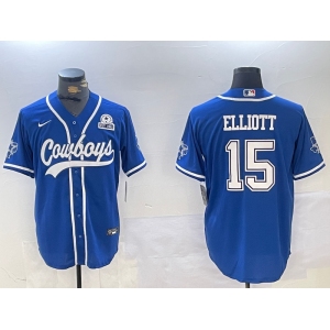 Men's Dallas Cowboys #15 Ezekiel Elliott Light Blue With 1960 Patch Cool Base Stitched Baseball Jersey