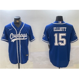 Men's Dallas Cowboys #15 Ezekiel Elliott Royal With Patch Cool Base Stitched Baseball Jersey