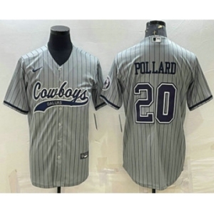 Men's Dallas Cowboys #20 Tony Pollard Grey Pinstripe With Patch Cool Base Stitched Baseball Jersey