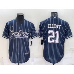 Men's Dallas Cowboys #21 Ezekiel Elliott Navy Blue Pinstripe With Patch Cool Base Stitched Baseball Jersey