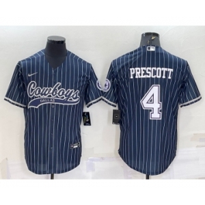 Men's Dallas Cowboys #4 Dak Prescott Navy Blue Pinstripe With Patch Cool Base Stitched Baseball Jersey