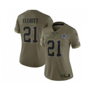 Women's Dallas Cowboys #21 Ezekiel Elliott 2022 Olive Salute To Service Limited Stitched Jersey(Run Small)