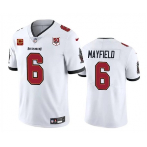 Men's Tampa Bay Buccaneers #6 Baker Mayfield White 2025 50th Anniversary Patch And 4-Star C Patch Vapor Untouchable Limited Football Stitched Jersey