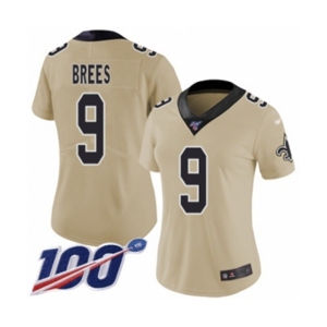 Women's New Orleans Saints #9 Drew Brees Limited Gold Inverted Legend 100th Season Football Jersey