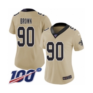 Women's New Orleans Saints #90 Malcom Brown Limited Gold Inverted Legend 100th Season Football Jersey