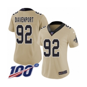 Women's New Orleans Saints #92 Marcus Davenport Limited Gold Inverted Legend 100th Season Football Jersey