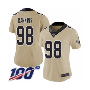 Women's New Orleans Saints #98 Sheldon Rankins Limited Gold Inverted Legend 100th Season Football Jersey